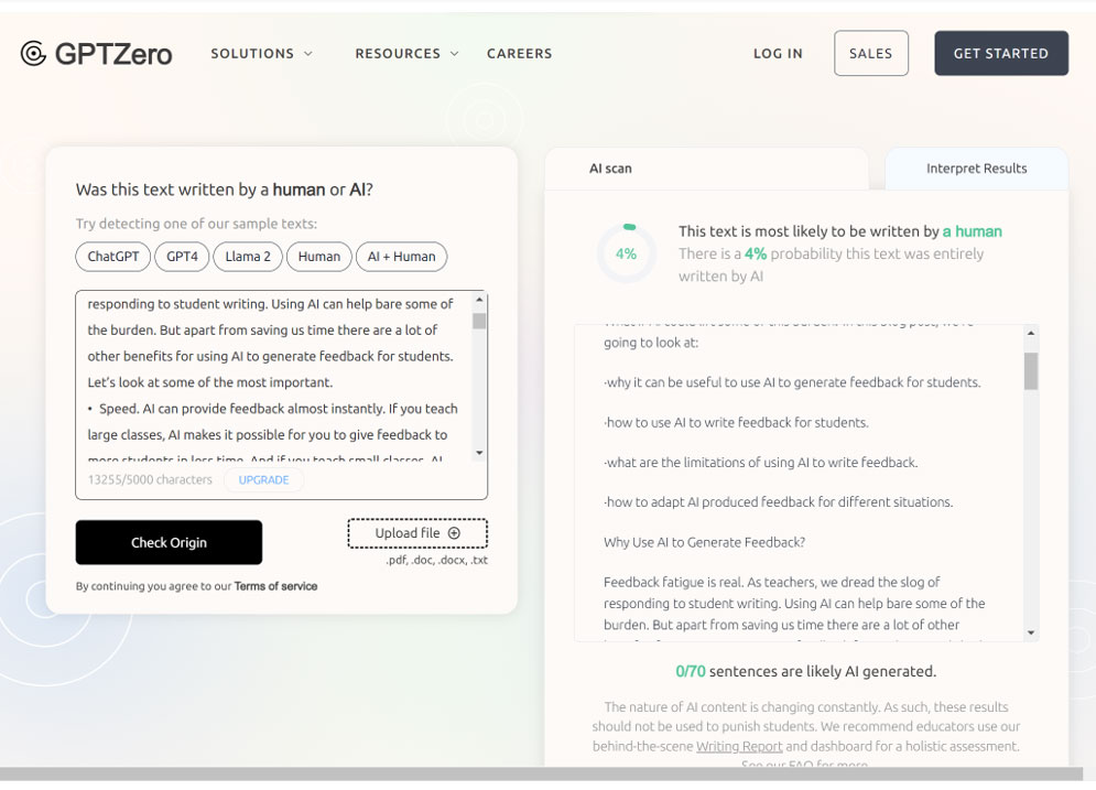 Checking for AI generated work or plagiarism with ChatGPT Zero