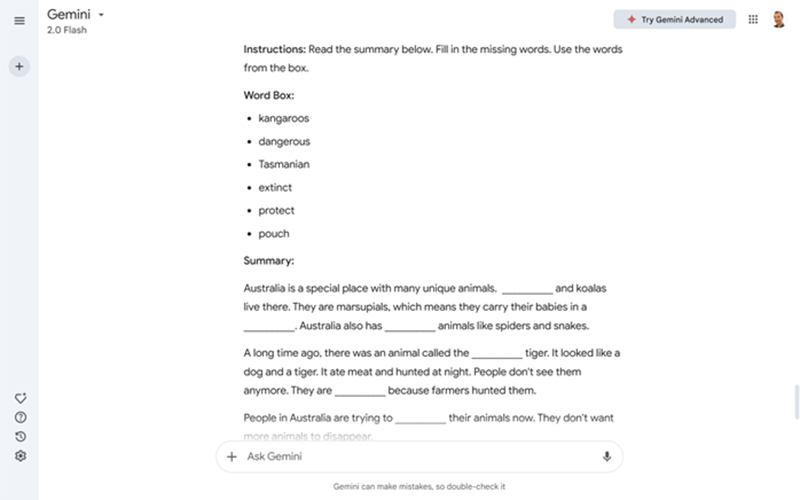 Reading comprehension questions from Gemini