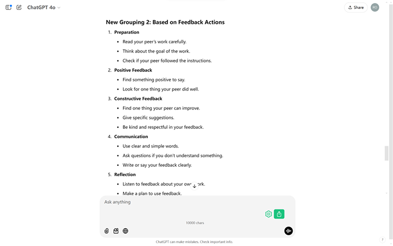 Possible feedback groupings from ChatGPT