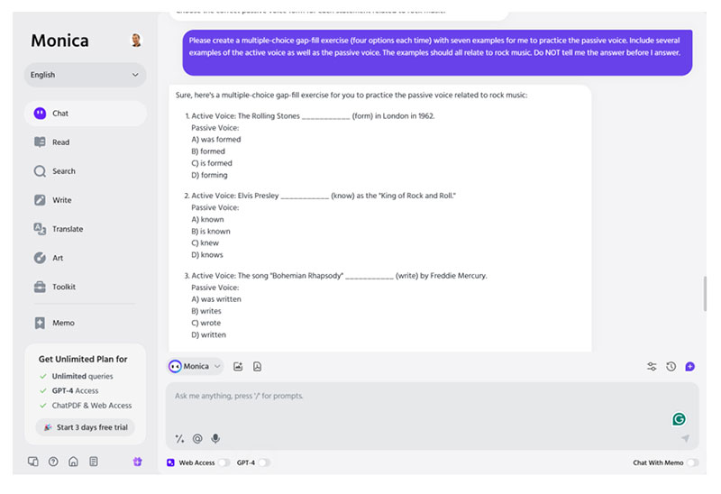 Personalized grammar practice on the passive voice from Monica